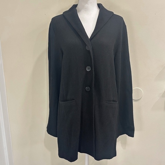 Eileen Fisher Sweaters - Eileen Fisher Black Waffle Knit Shawl Collar Longline Cardigan Large Minimalism